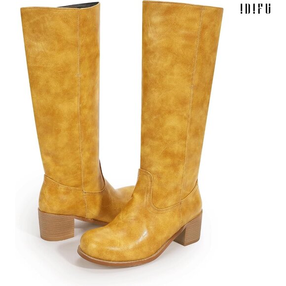 Women's Banana Yellow lDIFU Knee-High Square Toe Chunky Block Heel Riding Boots - Picture 6 of 6